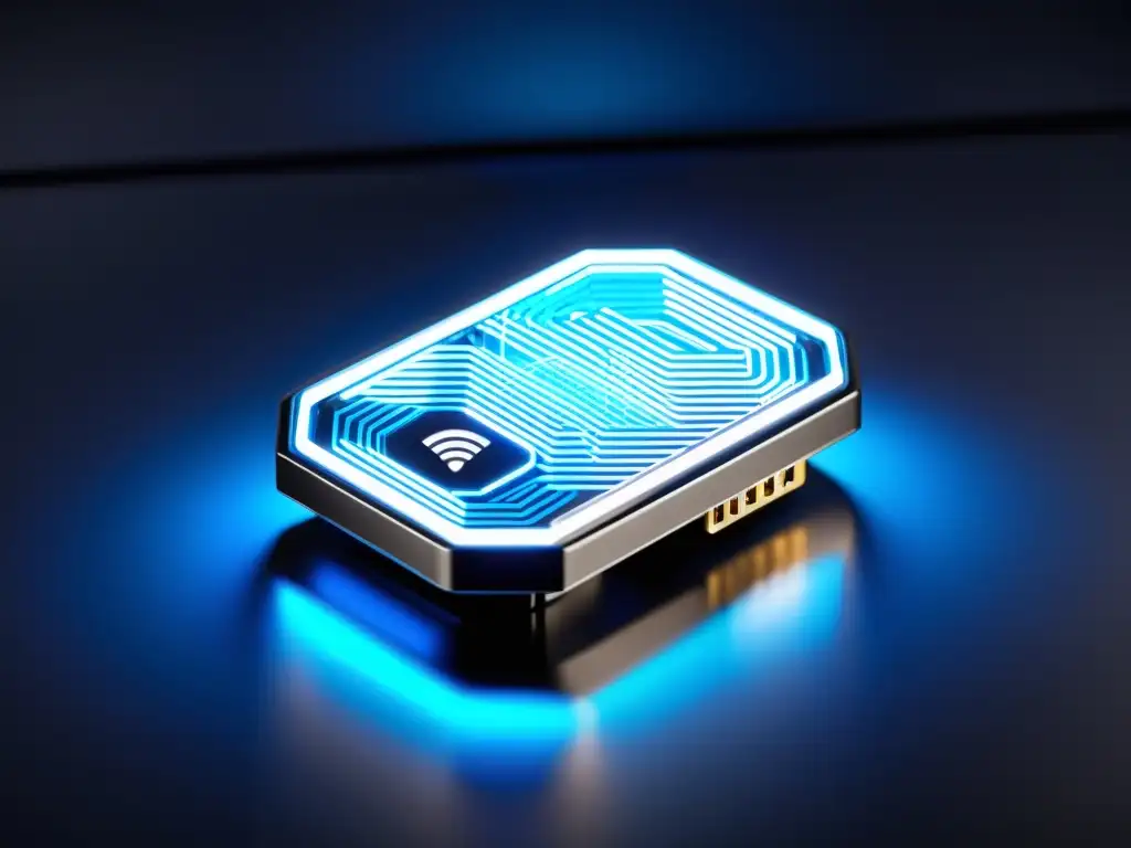 Mejores adaptadores WiFi para FreeFire: Detalle de un adaptador WiFi futurista iluminado por luces LED azules en un ambiente de alta tecnología