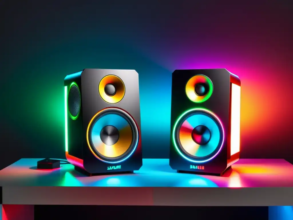 Los mejores altavoces gaming para FreeFire iluminan el ambiente con su diseño futurista y luces RGB, destacando en un setup hightech