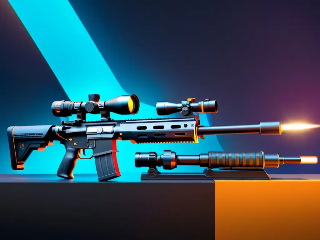 Mejores duplas armas Free Fire: Dos armas de élite destacan en un escenario futurista con diseños metálicos y detalles luminosos, exudando poder y precisión