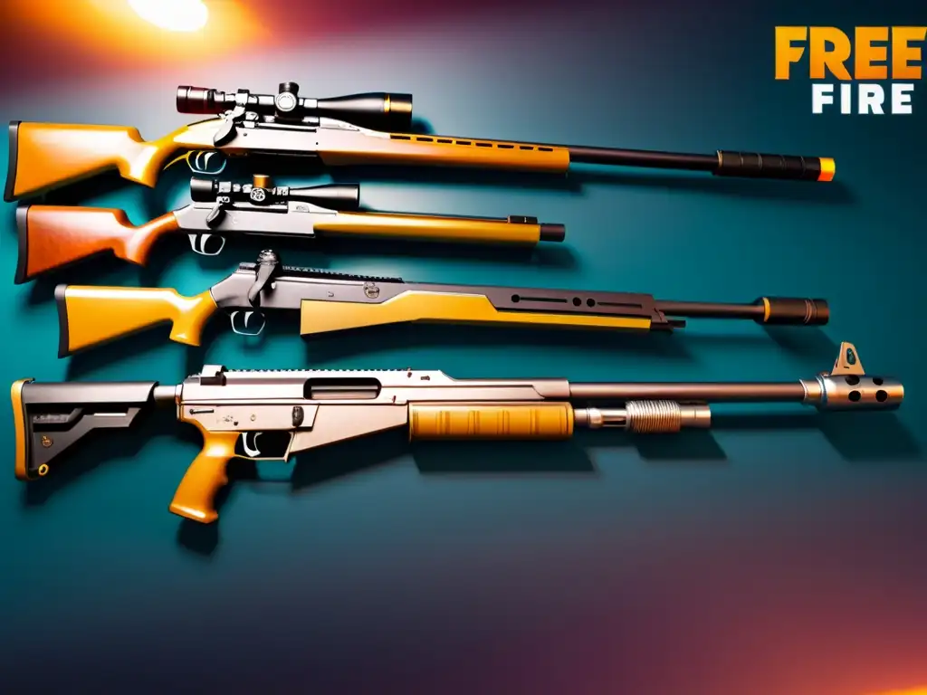 Mejores armas Free Fire estilo en imagen de alta resolución con detalles meticulosos y fondo futurista dramático