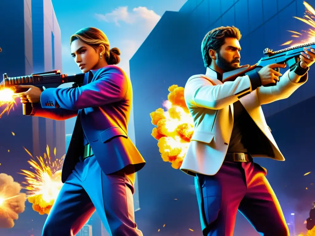 Mejores duplas armas Free Fire: Dos personajes en intenso combate, armados y estratégicamente posicionados en un escenario futurista y explosivo