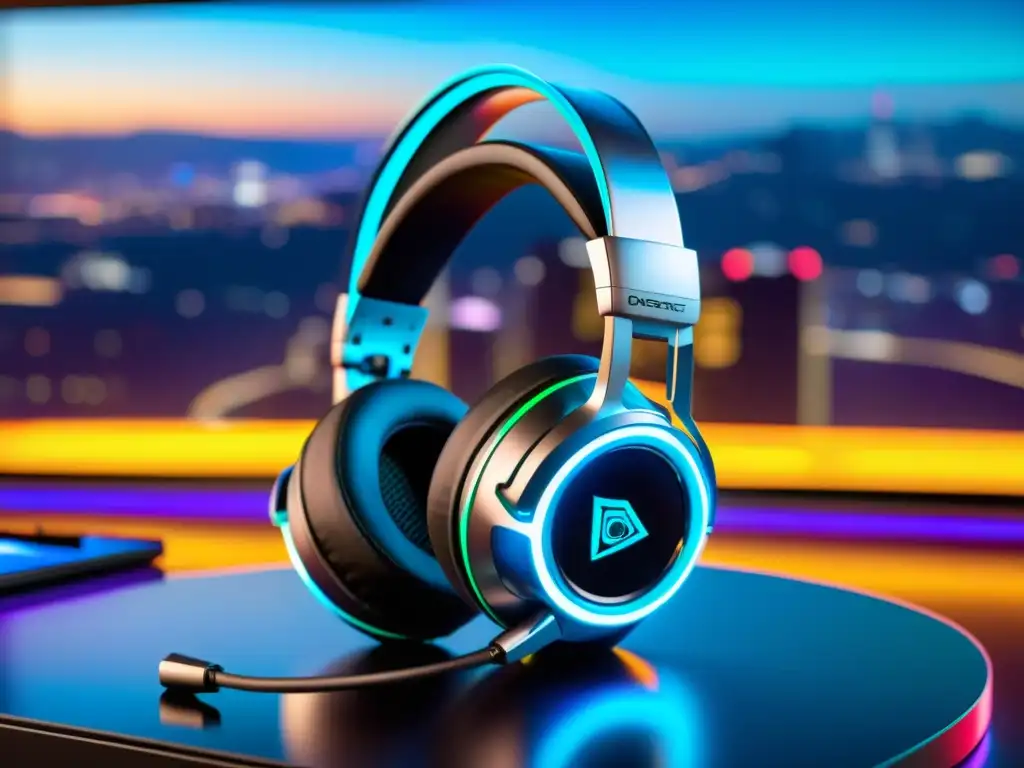 Los mejores auriculares gaming para Free Fire en un ambiente futurista y de alta tecnología con luces LED vibrantes y un diseño elegante