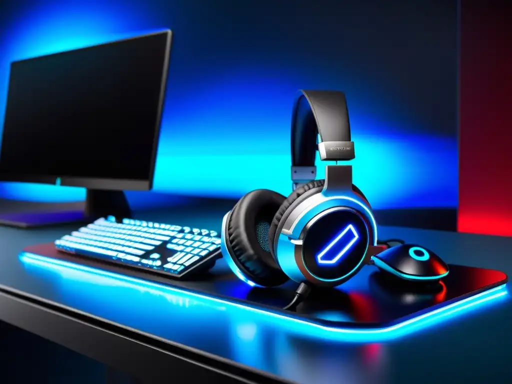 Mejores auriculares gaming para Free Fire: Auriculares futuristas con luces LED azules en escritorio hightech