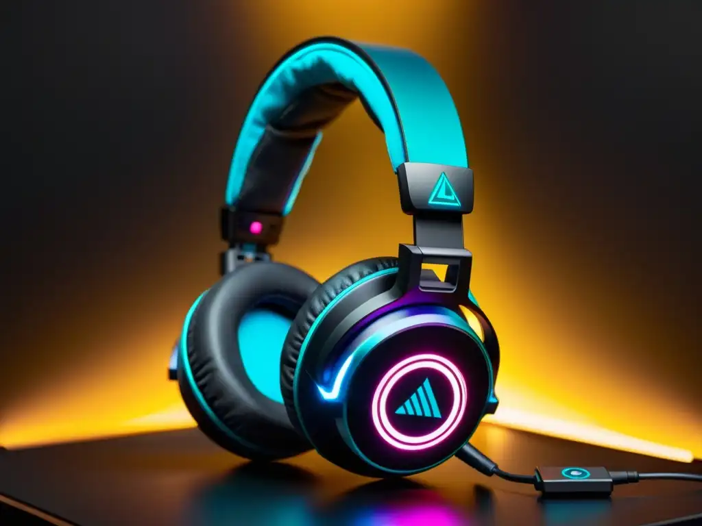 Los mejores auriculares para Free Fire: modernos auriculares gaming con acabado negro mate y luces LED, sobre superficie de vidrio retroiluminada