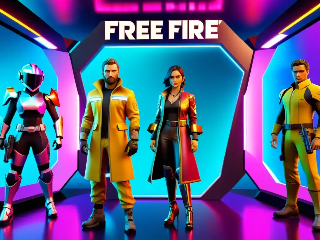 Descubre los mejores packs de skins Free Fire en un espectacular escaparate holográfico futurista, con colores vibrantes y detalles intrincados en las armaduras y armas