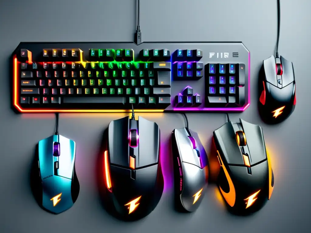 Comparación de los mejores packs teclado ratón Free Fire, destacando su diseño moderno, botones programables y accesorios, sobre fondo minimalista