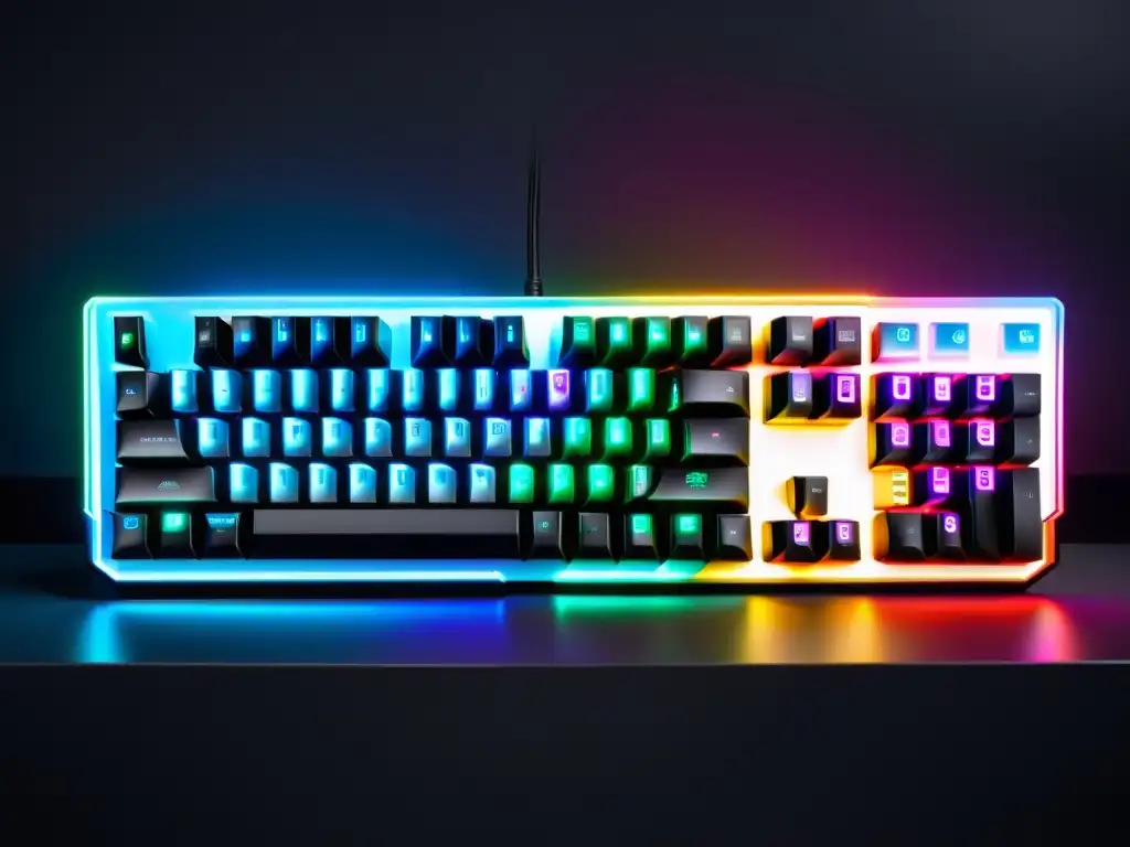 Uno de los mejores teclados mecánicos para gamers: un teclado mecánico negro y futurista con iluminación RGB, perfecto para entusiastas del gaming