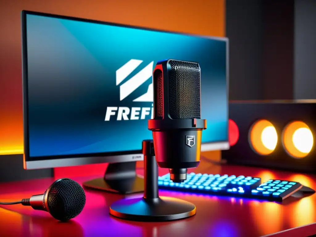 Un micrófono moderno y elegante con filtro antipop, iluminado con luces LED, frente a un monitor con transmisión de juego FreeFire