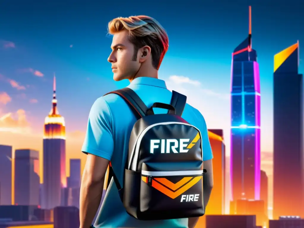 Una mochila moderna con branding de Free Fire, con múltiples compartimentos y puerto de carga USB, en un entorno urbano futurista