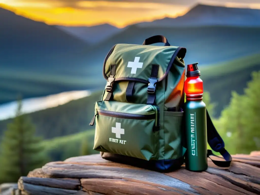 Una mochila moderna llena de equipo de supervivencia en un escenario al aire libre