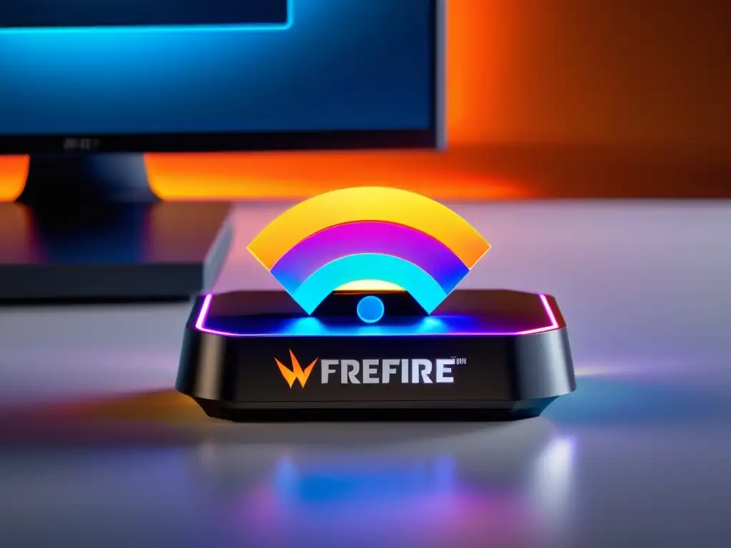 Un moderno adaptador WiFi con el logo de FreeFire, sobre un escritorio minimalista con iluminación RGB