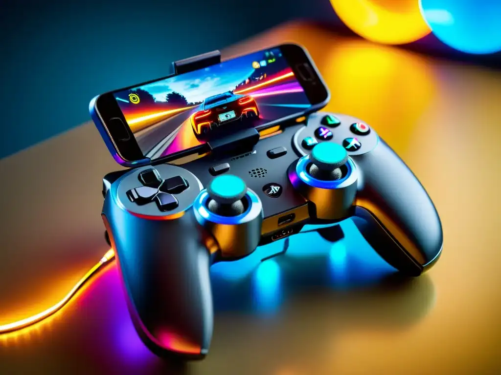 Un moderno gamepad compatible con Free Fire, conectado a un smartphone, iluminado con luces LED y botones responsivos