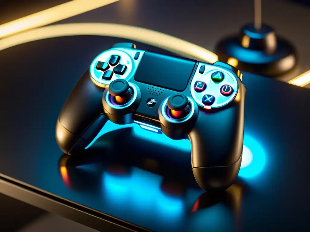 Un moderno gamepad en un escritorio iluminado resalta su diseño ergonómico