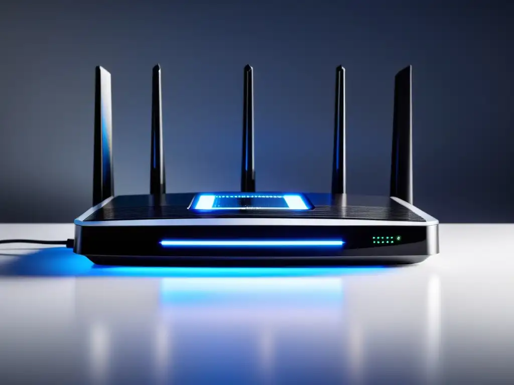 Un moderno router de alta tecnología para jugar FreeFire, con diseño ultradetallado y luces LED azules brillantes sobre un escritorio blanco futurista