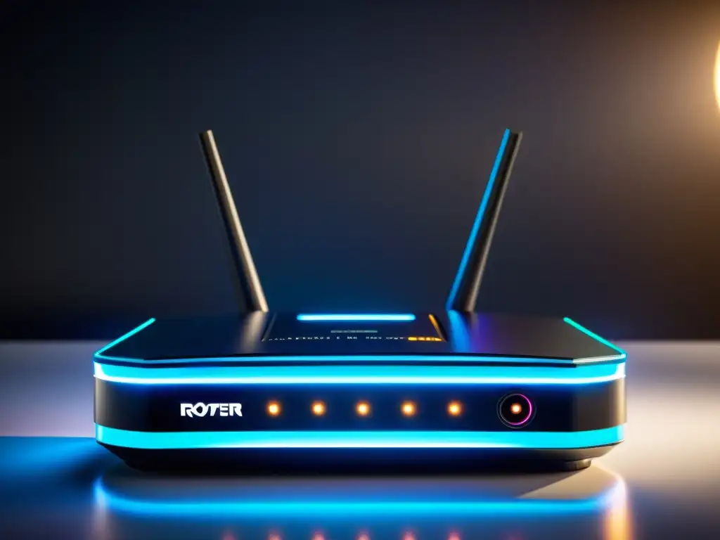 Un moderno router para gaming en un ambiente futurista, ideal para los mejores routers para jugar Free Fire