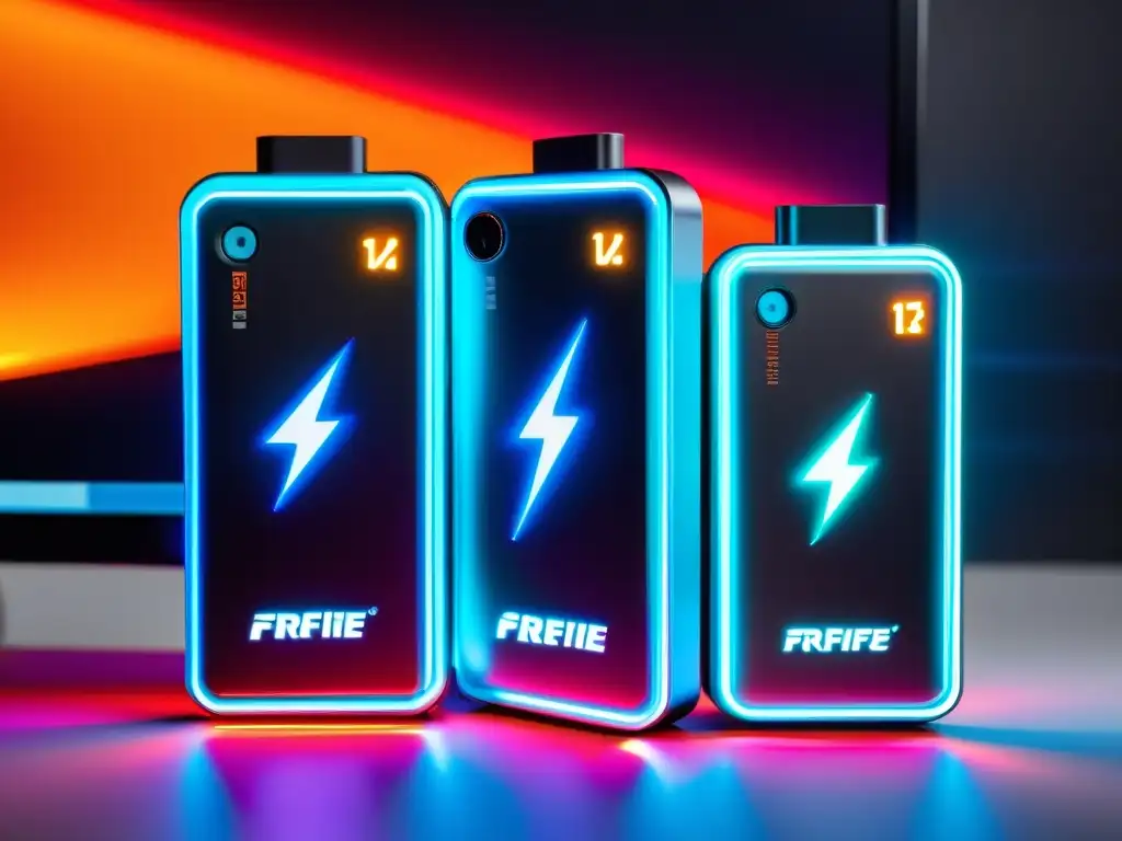 Dos modernos packs de baterías con LED, conectados a smartphones mostrando juego FreeFire