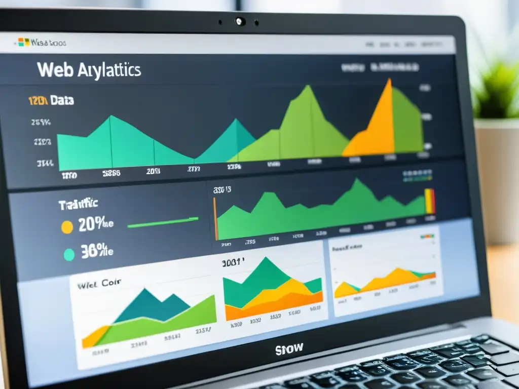 Monitor de computadora con detallado panel de análisis web, gráficos y datos en tiempo real sobre optimización de sitios web para juegos