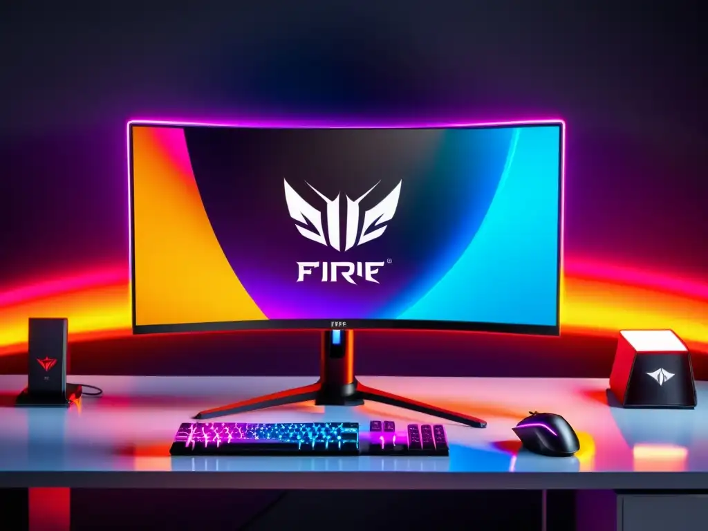 Monitor curvo para Free Fire en un ambiente de juego inmersivo con colores vibrantes y accesorios de alta tecnología