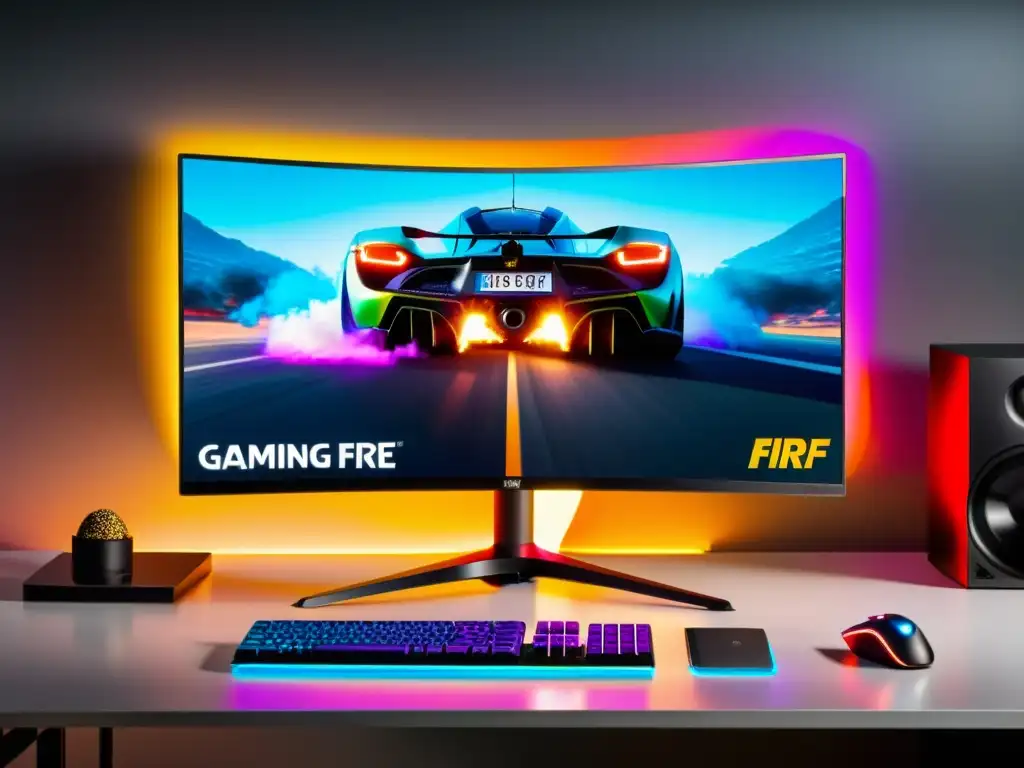 Monitor curvo para Free Fire en acción: detalles vibrantes, colores intensos y experiencia inmersiva en un entorno gaming moderno con iluminación RGB