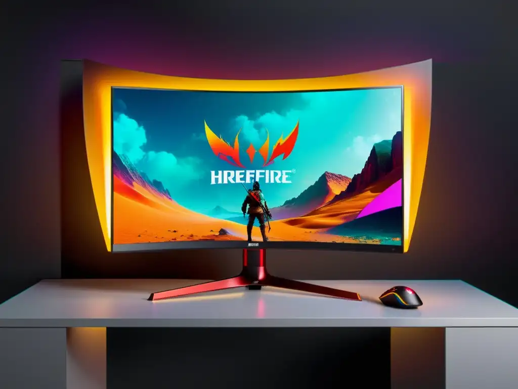 Un monitor curvo de alta resolución 8K muestra intensos colores vibrantes y gráficos de alta definición de una sesión de juego de FreeFire