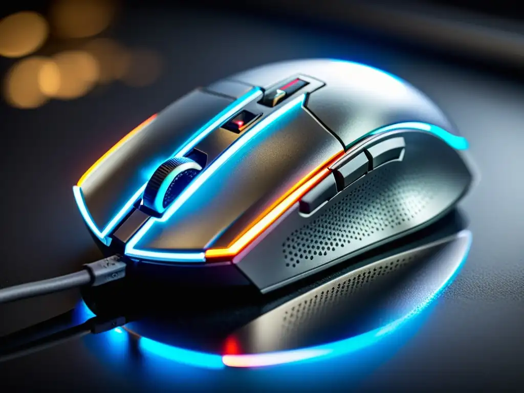 Un mouse de alta gama iluminado por luces RGB en un setup gaming moderno, destacando la importancia del DPI en Free Fire