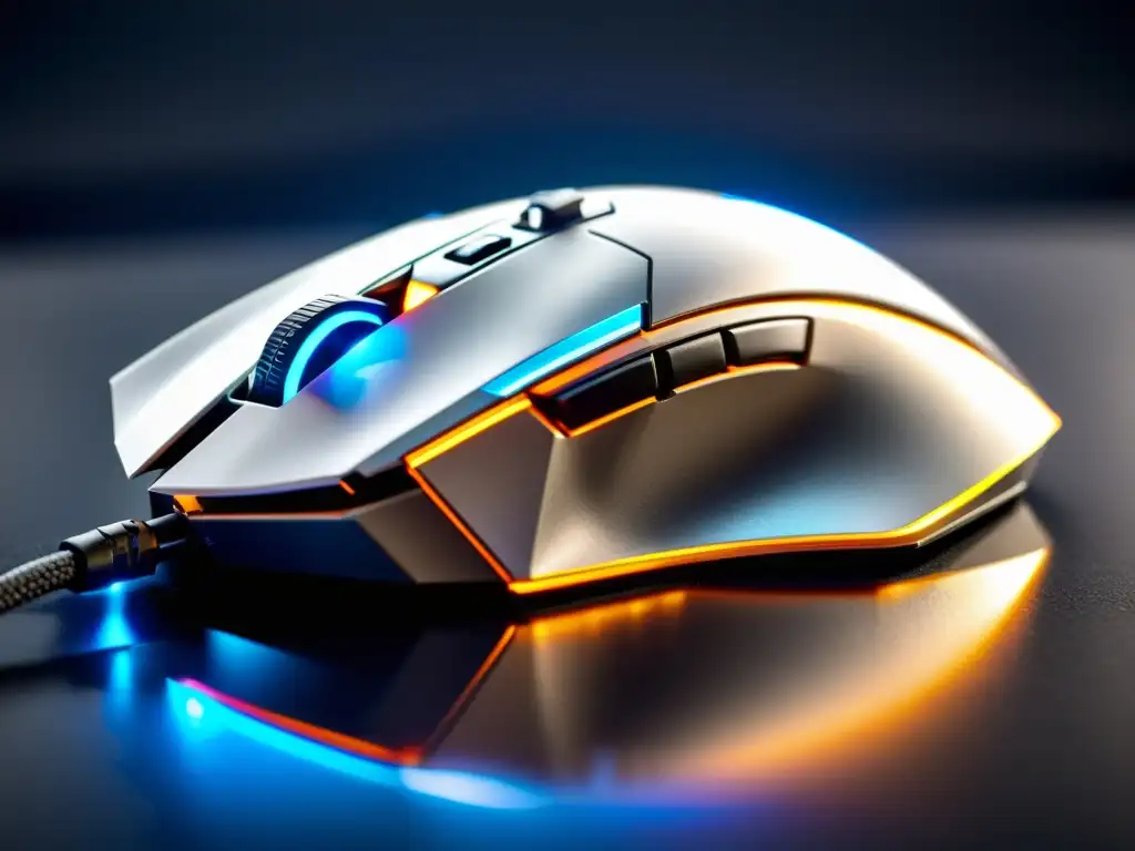 Mouse gaming futurista con iluminación LED personalizable en un ambiente oscuro, ideal para los mejores ratones gaming para FreeFire