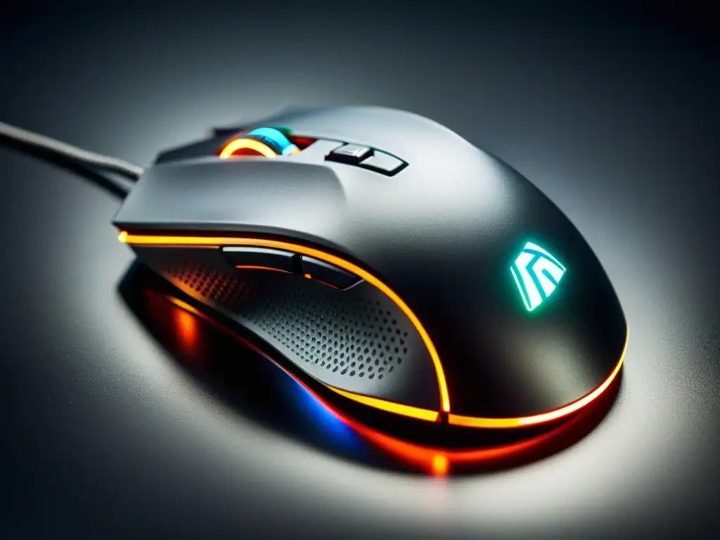 Un mouse de juego futurista con luces LED personalizables, agarre texturizado y botones programables, sobre superficie mate negra