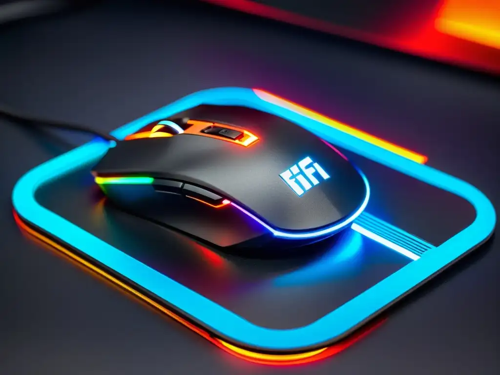 Un mouse de juego futurista con iluminación RGB descansa sobre un mouse pad de alta tecnología con el logo de FreeFire