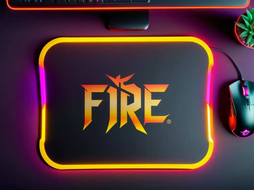 Un mousepad futurista con el logo de Free Fire en vibrantes colores y luces LED, perfecto para jugadores