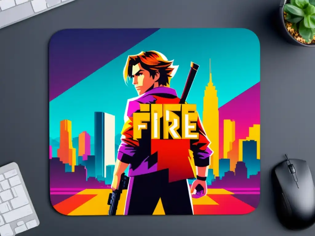 Un mousepad de gaming personalizado con arte pixelado vibrante de un personaje de Free Fire en una ciudad futurista