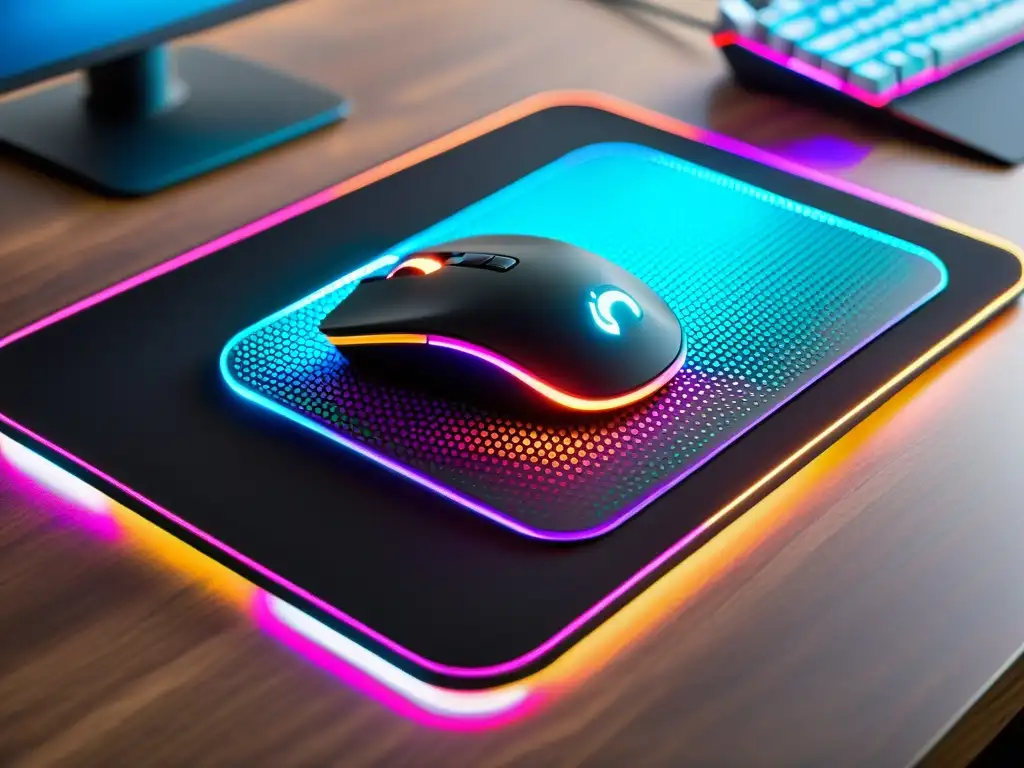 Un mousepad negro de alta tecnología con iluminación LED, ideal para Free Fire en un entorno de juego futurista y de alto rendimiento