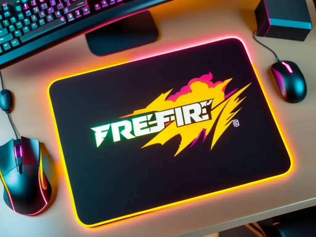 Un mousepad negro con arte vibrante de Free Fire, en un ambiente futurista y profesional