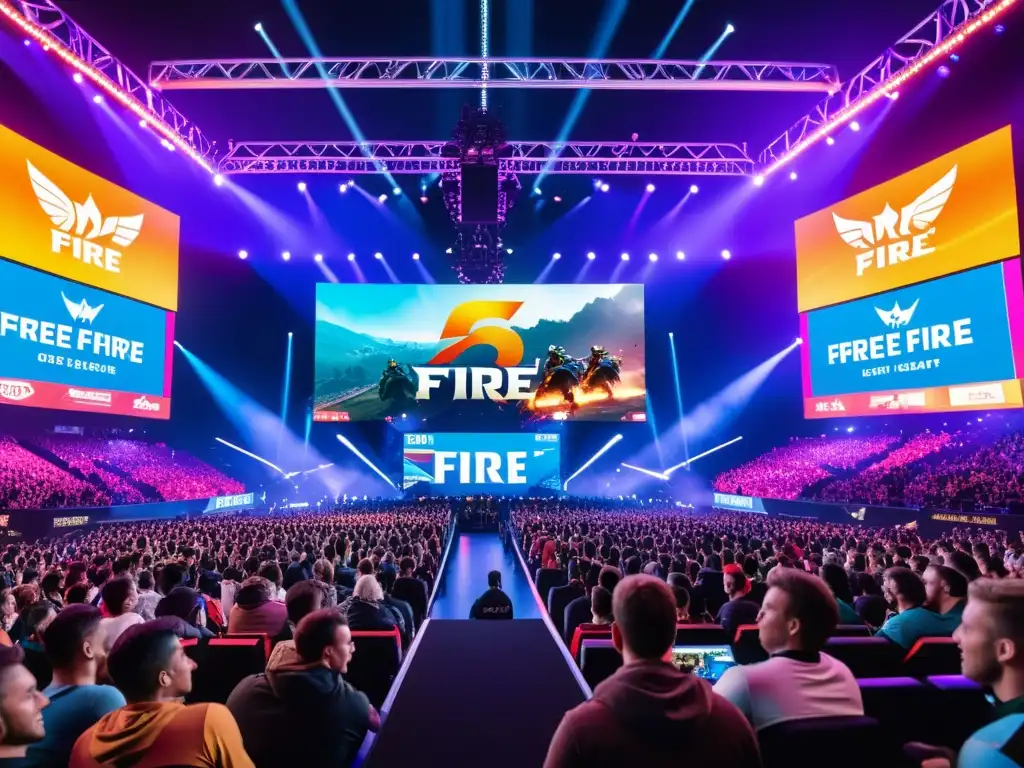 Una multitud vibrante llena de energía en un evento de esports de Free Fire, con jugadores en el escenario y una audiencia emocionada