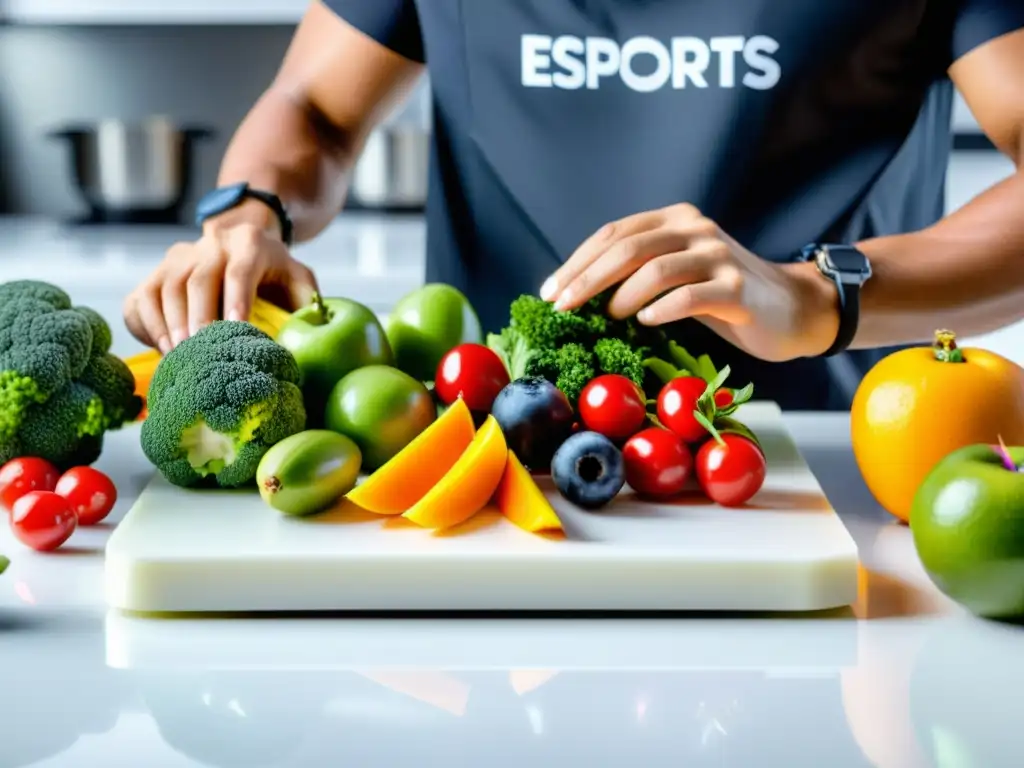 Nutricionista de esports preparando frutas y verduras para jugadores de FreeFire en cocina minimalista