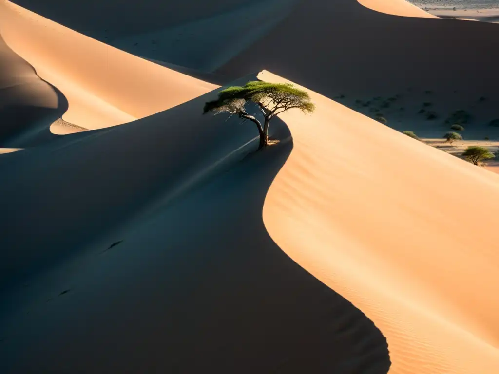 Un paisaje desolado de dunas arenosas y un sol brillante en el cielo azul del desierto del Kalahari