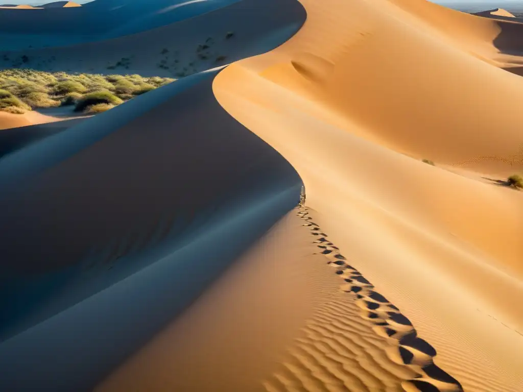 Un paisaje impresionante del desierto del Kalahari, con sus dunas doradas y un explorador solitario