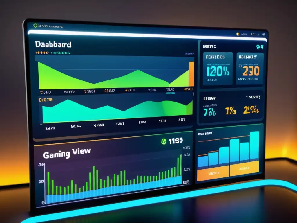 Un panel de control futurista muestra analítica de datos en gaming con gráficos vibrantes y panorama virtual