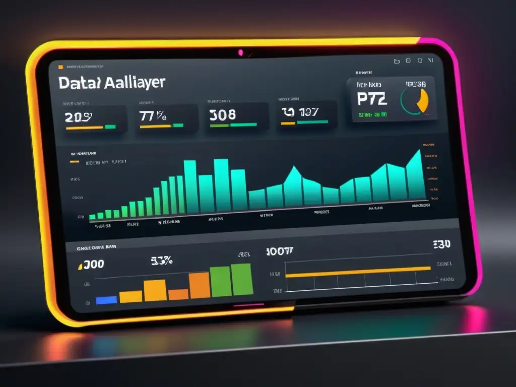 Un panel de analítica de datos en gaming futurista con gráficos interactivos y visualizaciones en 3D, sobre fondo oscuro con acentos neón
