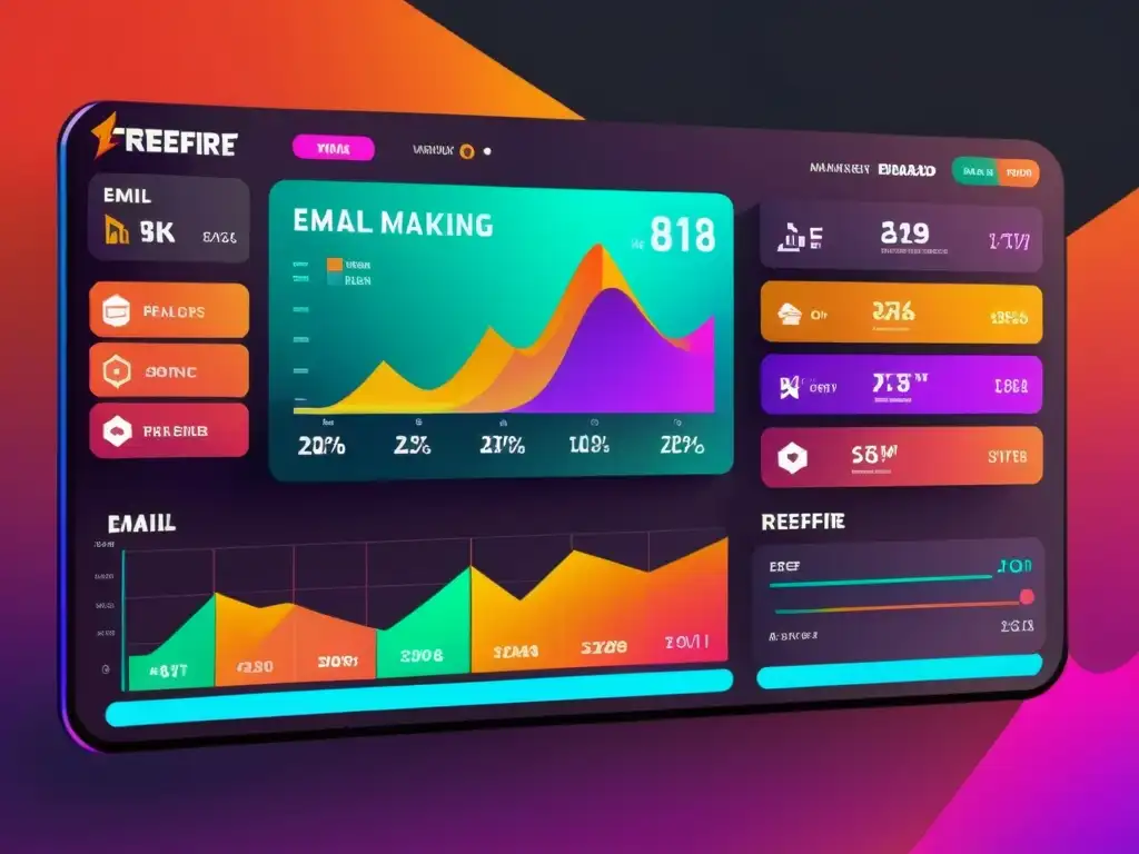 Panel de email marketing para jugadores FreeFire con diseño moderno y métricas interactivas, integrado en el entorno del juego