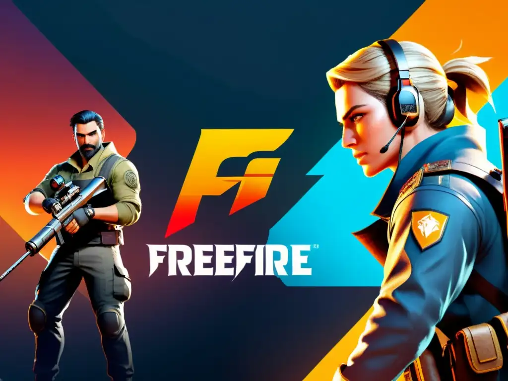 Una ilustración dinámica de una pantalla de juego de FreeFire, con acción intensa y estrategias SEO para gaming