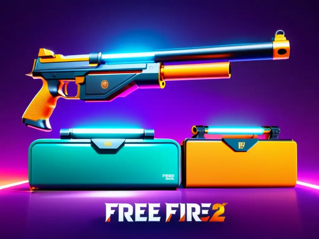 Tres paquetes de inicio de Free Fire contrastan sobre un fondo futurista y brillante, mostrando armas, skins y bonificaciones