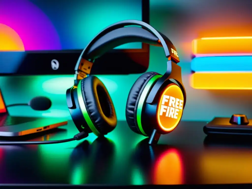 Un par de auriculares gaming de alta tecnología con el logo de 'Free Fire' sobre un escritorio negro iluminado por luces LED coloridas