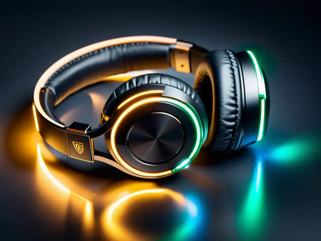 Un par de auriculares gaming negros con luces LED y micrófono con cancelación de ruido