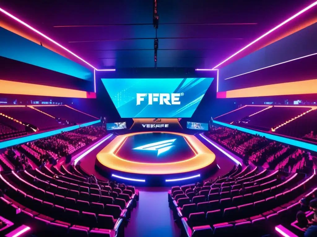 Patrocinios que transforman Free Fire: Una arena futurista de esports llena de luces neón y tecnología de vanguardia