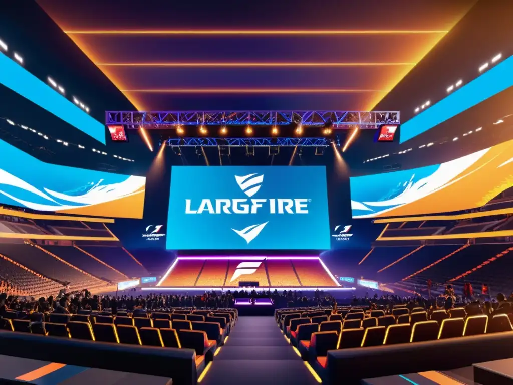 Patrocinios que transforman Free Fire: Una arena futurista llena de emoción, con una pantalla gigante y efectos de alta tecnología