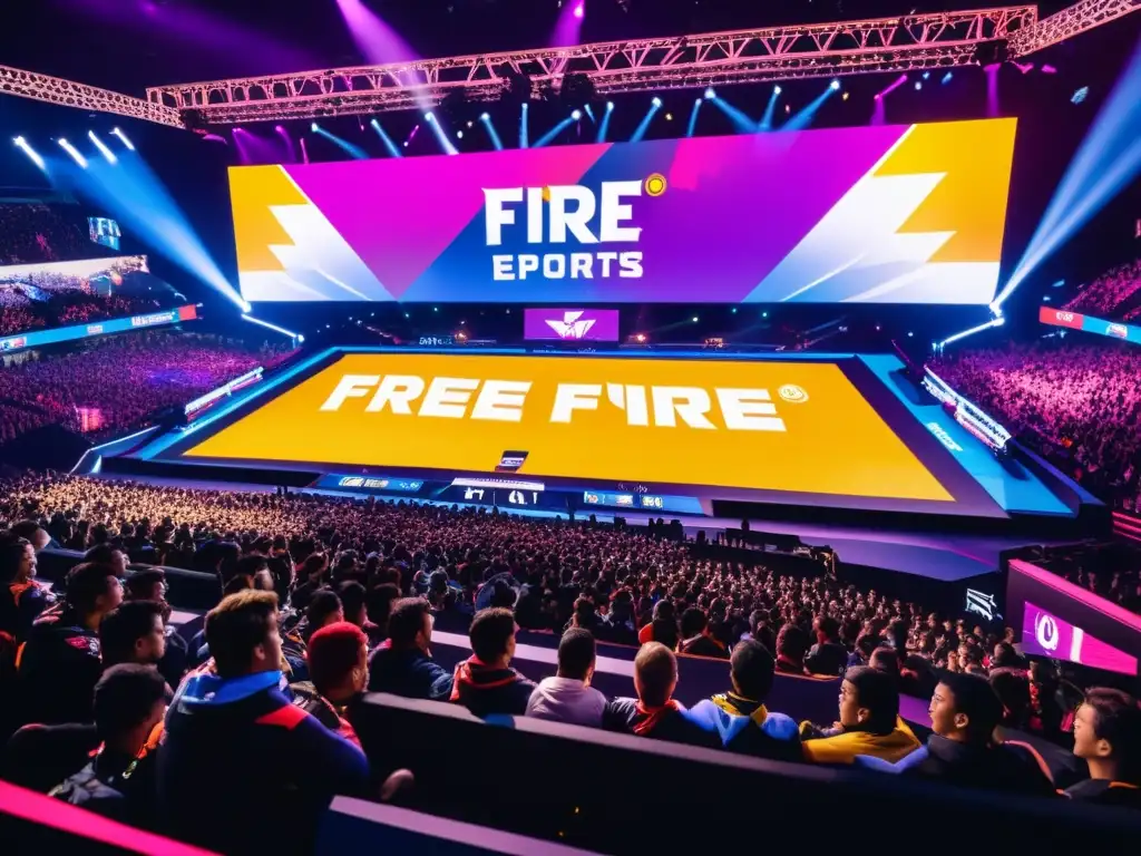 Patrocinios avanzados en Free Fire: Estadio lleno, jugadores profesionales, fans entusiastas y luces vibrantes en evento de esports