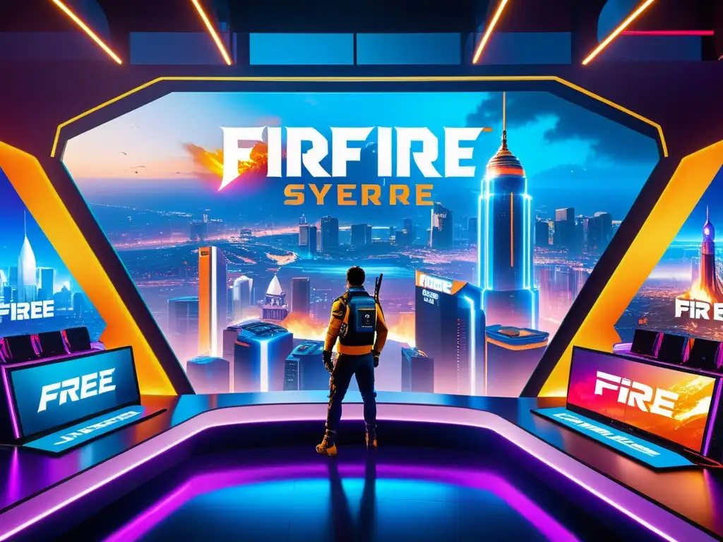 Innovación en patrocinios de Free Fire: Una ciudad futurista con rascacielos neón y un estadio de esports donde equipos compiten entre anuncios holográficos y logos de patrocinadores, reflejando la vanguardia y evolución dinámica del patrocinio en el mundo de Free Fire