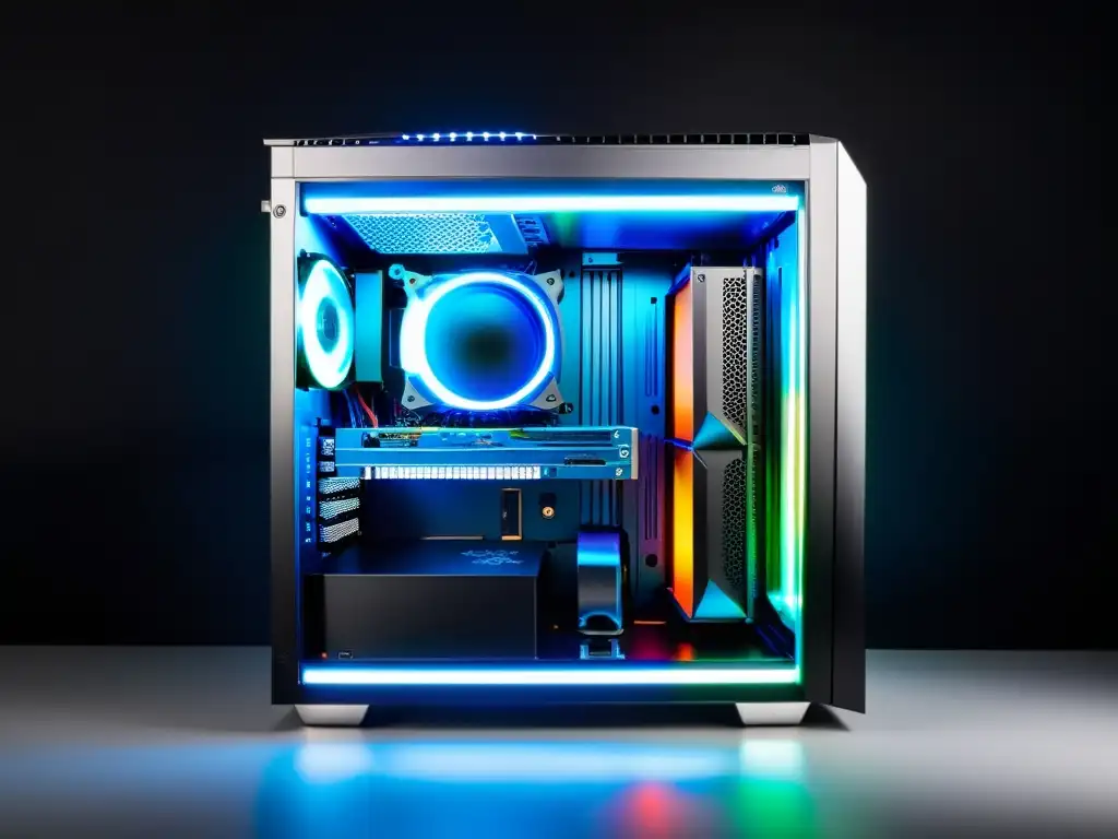 Una PC gaming personalizada con avanzados sistemas de refrigeración líquida y ventiladores RGB, iluminada con luces LED vibrantes