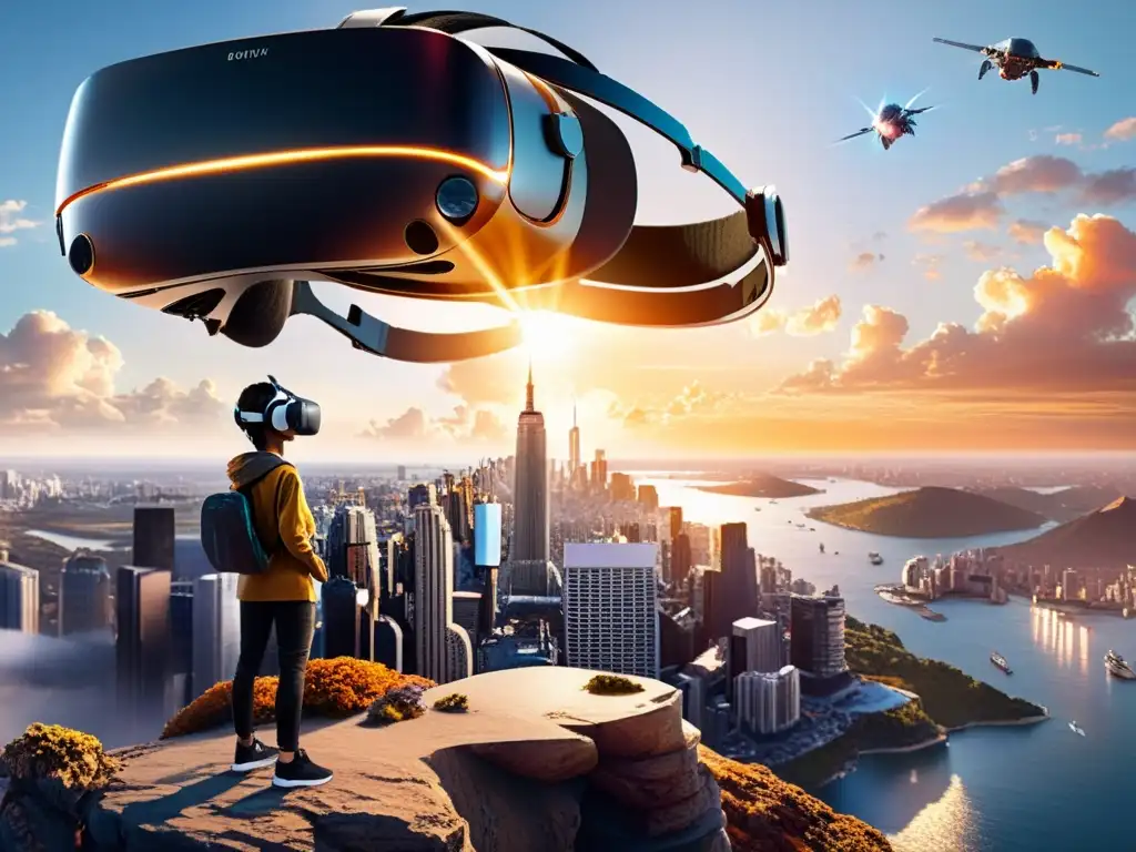 Una persona usando auriculares de realidad virtual en un acantilado con una ciudad futurista al atardecer