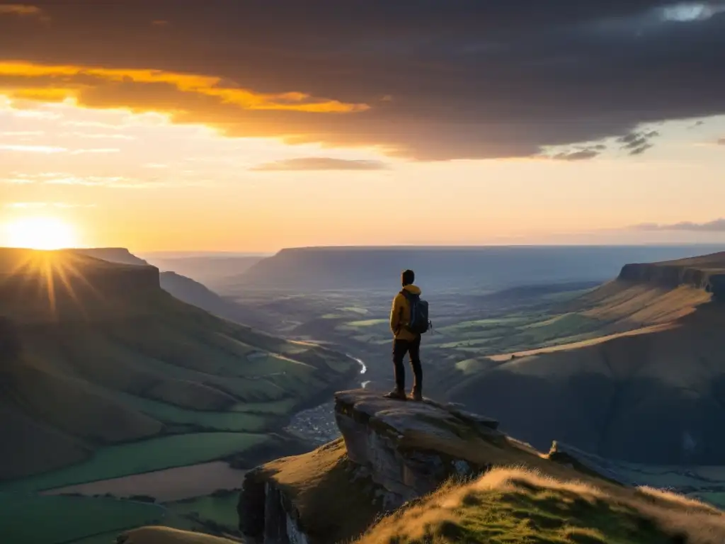 Persona contemplativa en el borde de un acantilado, admirando un paisaje majestuoso al atardecer